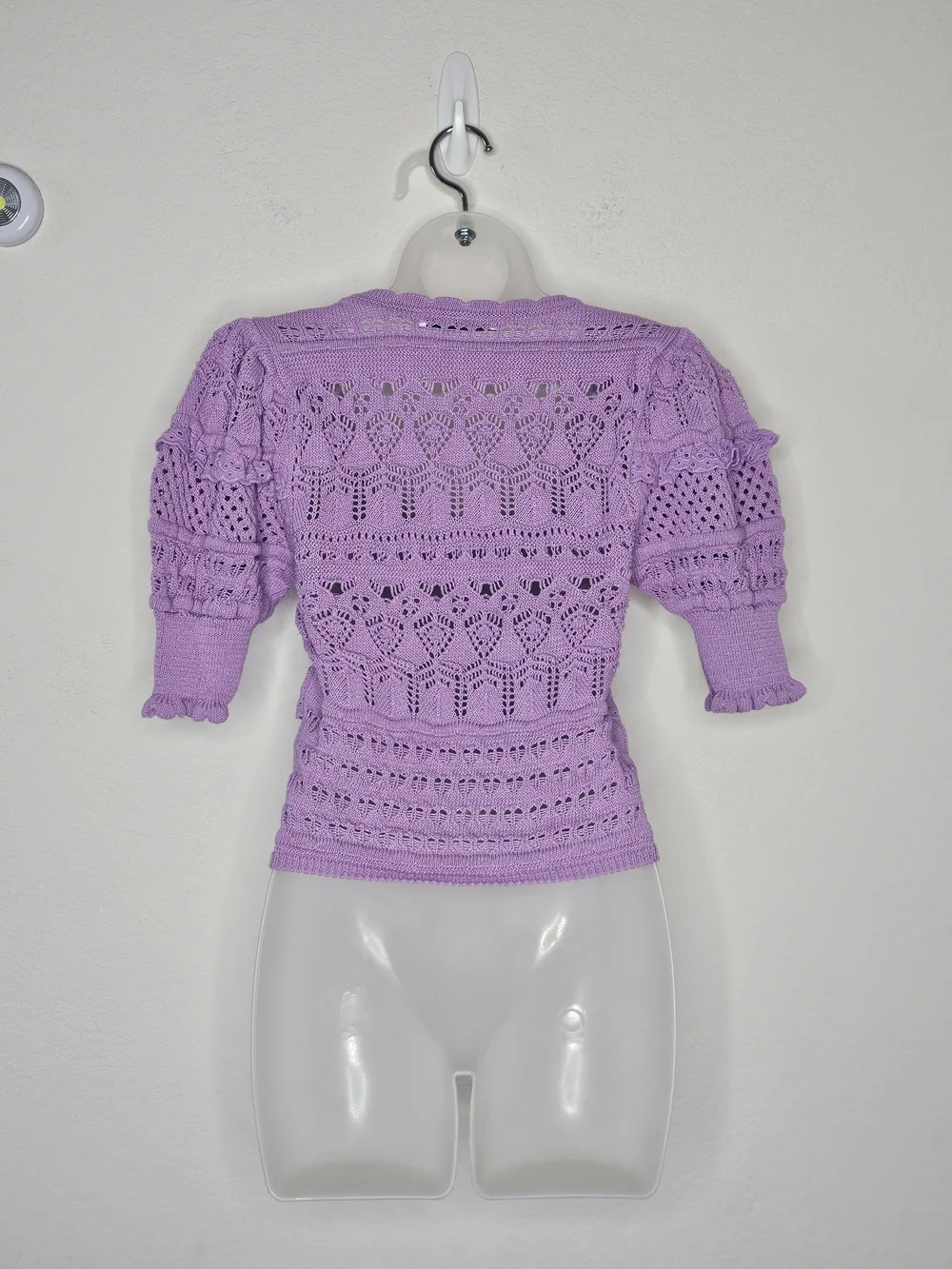 Zara Purple Boho Crochet Open Knit Puff Sleeve Eyelet Ruffle Top Size Small